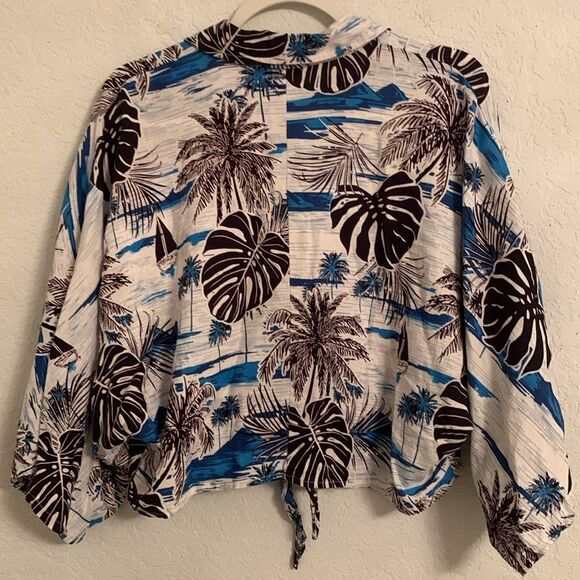 C&C Tropical Print 2pc Set Top Crop/ Joggers Cargo Style Linen Blend Size S - Picture 2 of 15